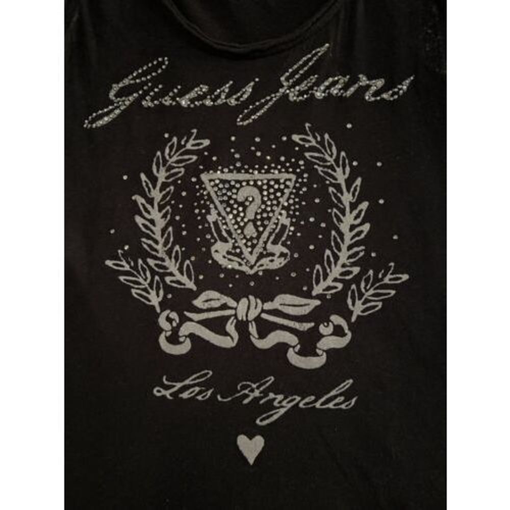 Y2K 2000s Guess Black Rhinestone Spellout Tank Large L Distressed Cotton - Picture 2 of 6